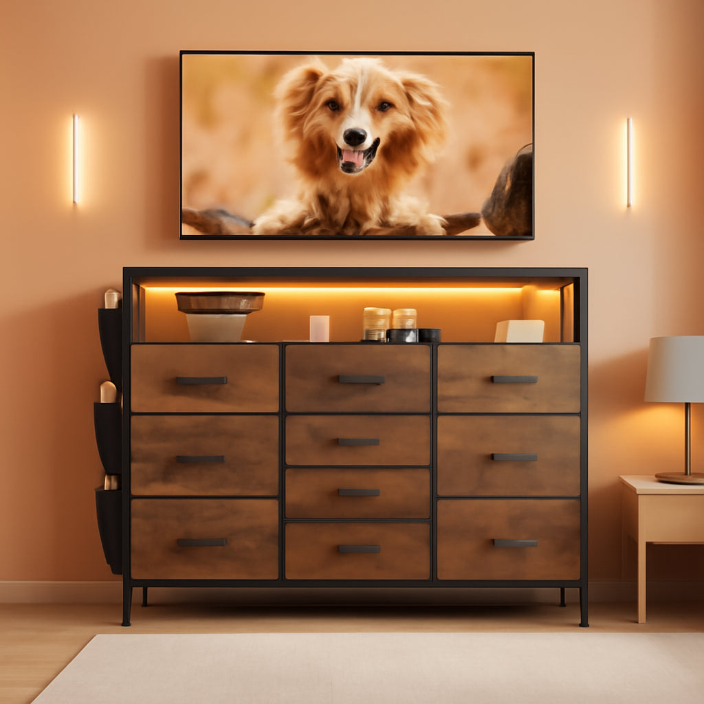 55In TV Stand Dresser With 10 Fabric Drawers And LED Lights