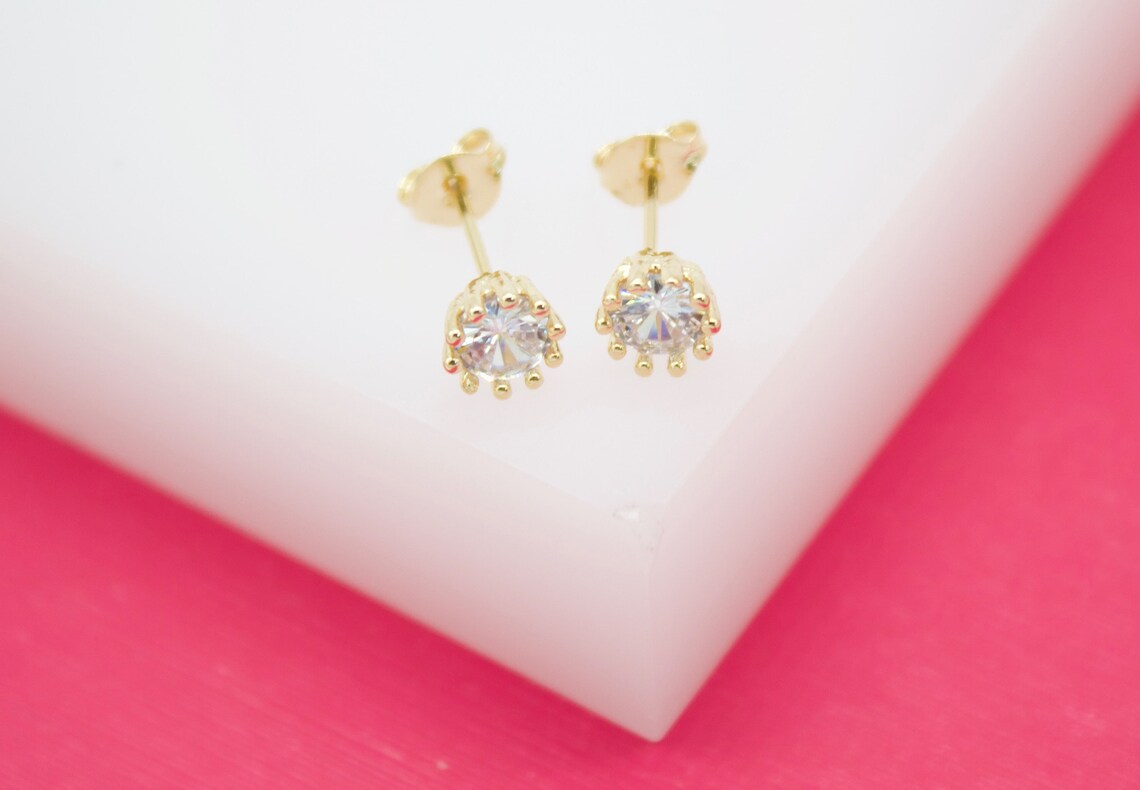 18K Gold Filled 6mm Clear Round CZ Stone Stud Earrings-0