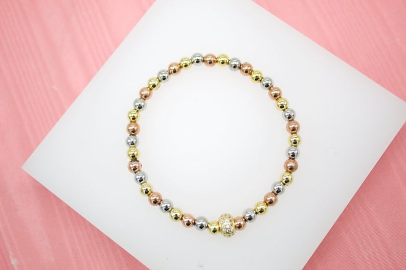 18K Gold Filled 5mm Multicolor Color Elastic Bead Bracelet With A Round CZ Charm-0