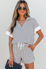 Chloe Stripe V Neck Tee Short Set-0