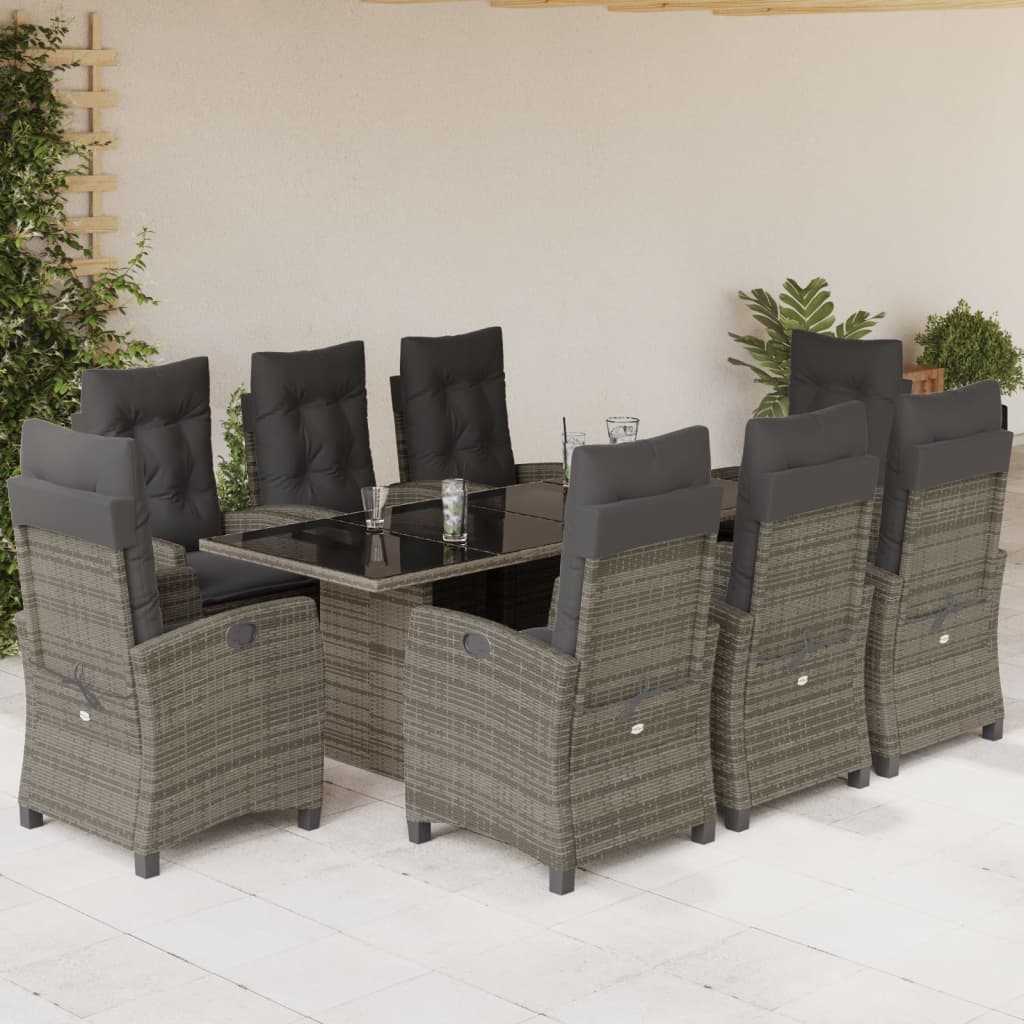vidaXL 9 Piece Patio Dining Set with Cushions Gray Poly Rattan-0