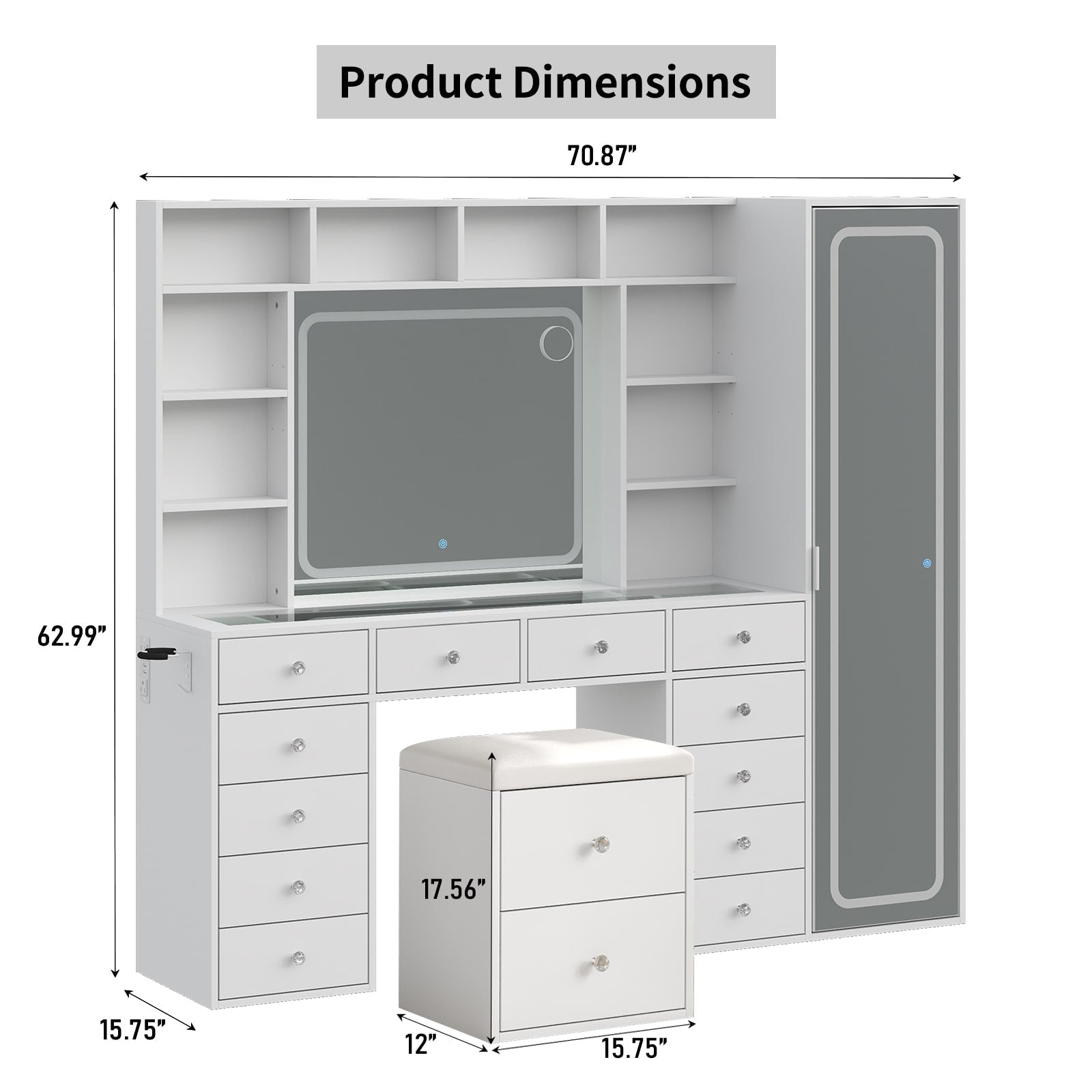 Vektaya US-VD023 Vanity Desk with LED & Full-Length Mirror, 14 Drawers, 10 Shelves, White