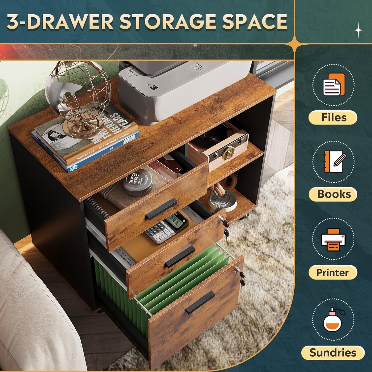 3 Drawer Wood File Cabinet With Lock For Home Office-4