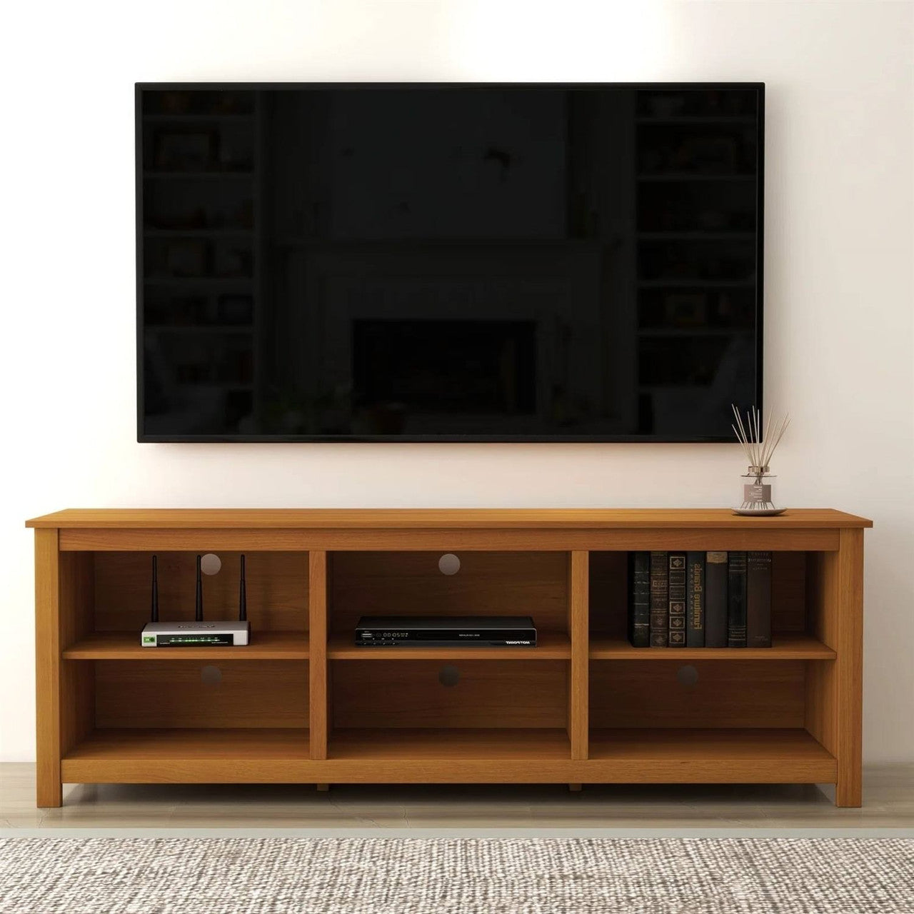 Farmhouse TV Stand in Amber Brown Wood Finish - for TVs up to 70-inch-2