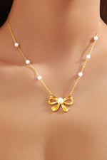 Gold Pearl Decor Plated Bow Knot Pendant Necklace-0