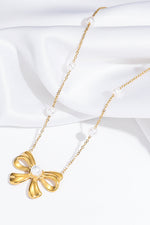 Gold Pearl Decor Plated Bow Knot Pendant Necklace-2