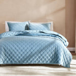 Full / Queen 3-Piece Blue Velvet Embroidered Lavishly Soft Quilt Set-0