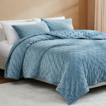 Full / Queen 3-Piece Blue Velvet Embroidered Lavishly Soft Quilt Set-1