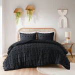 Full/Queen 3 Piece Pompom Microfiber Hypoallergenic Comforter Set in Black-0
