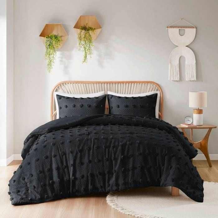 Full/Queen 3 Piece Pompom Microfiber Hypoallergenic Comforter Set in Black-0