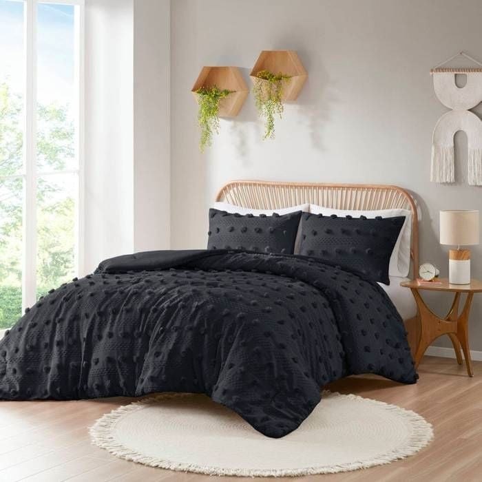 Full/Queen 3 Piece Pompom Microfiber Hypoallergenic Comforter Set in Black-1