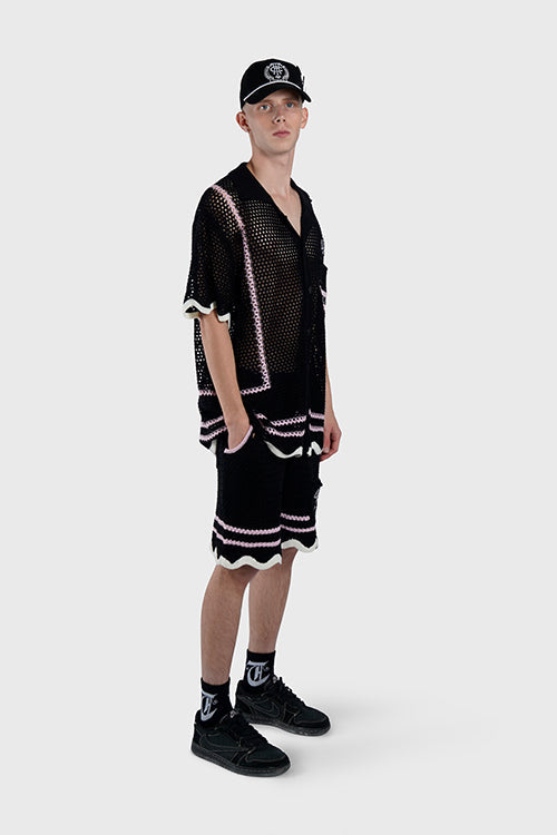 Racket Club Crochet Knit Short-Sleeve Button-Up Shirt