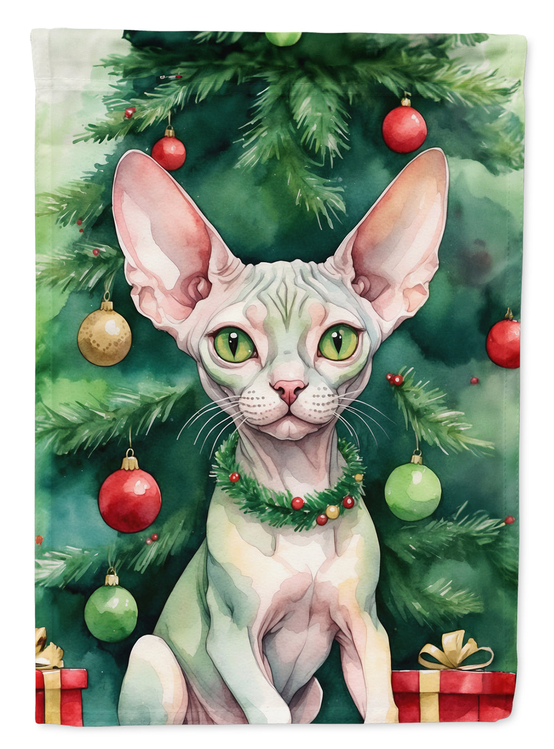 Minskin Cat By the Christmas Tree House Flag