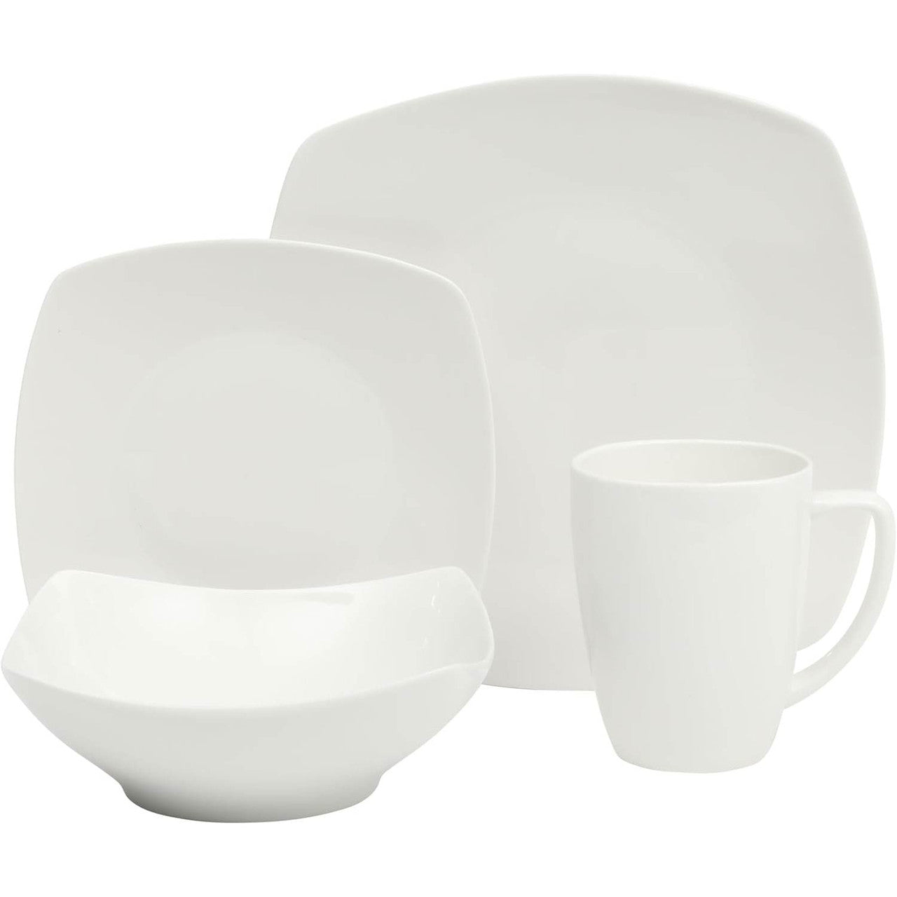 16 Pieces - White Square Porcelain Dinnerware Set - Service for 4