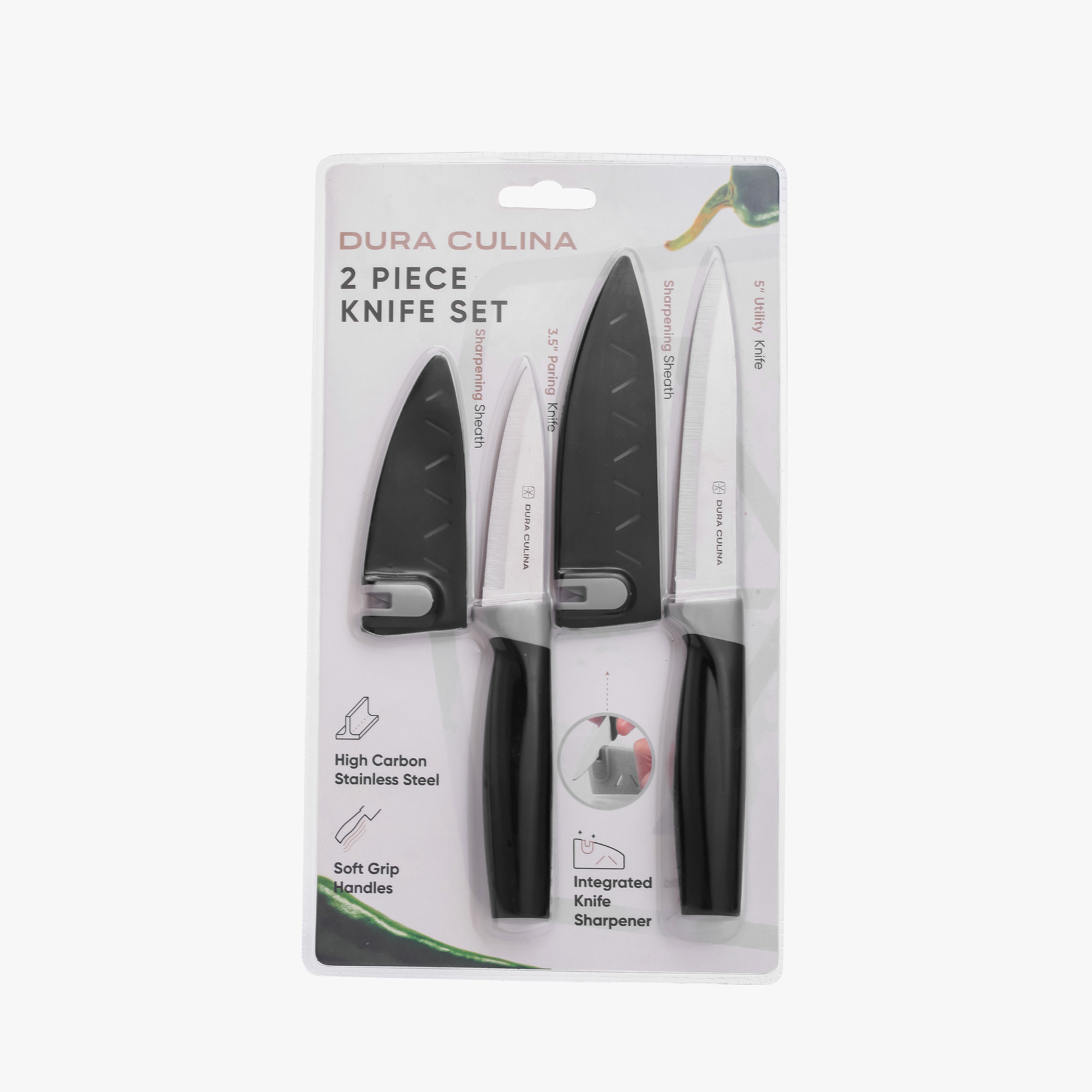 2 Piece Kitchen Knife Set- Paring, and Utility Knife with Matching Blade Guards with Built in Sharpener