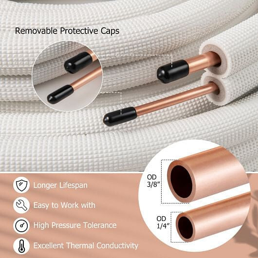 50 Feet Mini Split Line Set with 1/4 Inch and 3/8 Inch O.D. Copper Pipes Tubing