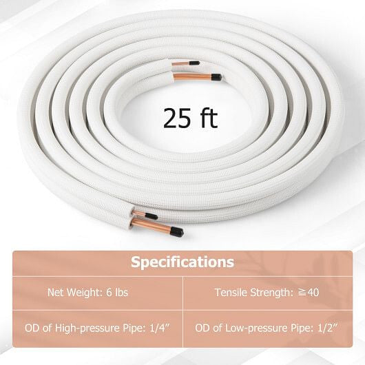 25 Feet Mini Split Line Set with 1/4 Inch and 1/2 Inch O.D. Copper Pipes Tubing