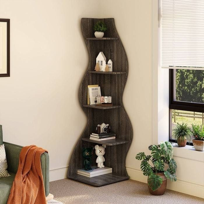 Modern 5 Shelf Corner Bookcase in Grey Wood Finish-1