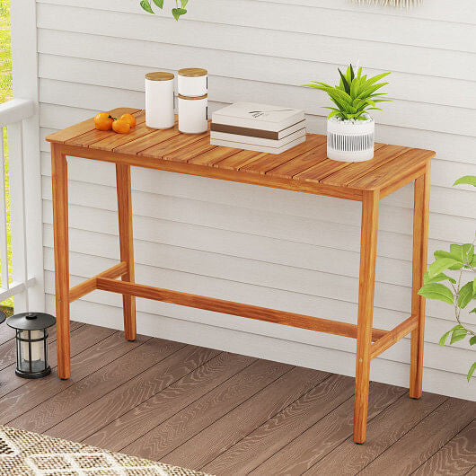 Acacia Wood Counter Height Table with Slatted Tabletop and Footrest Crossbar-1