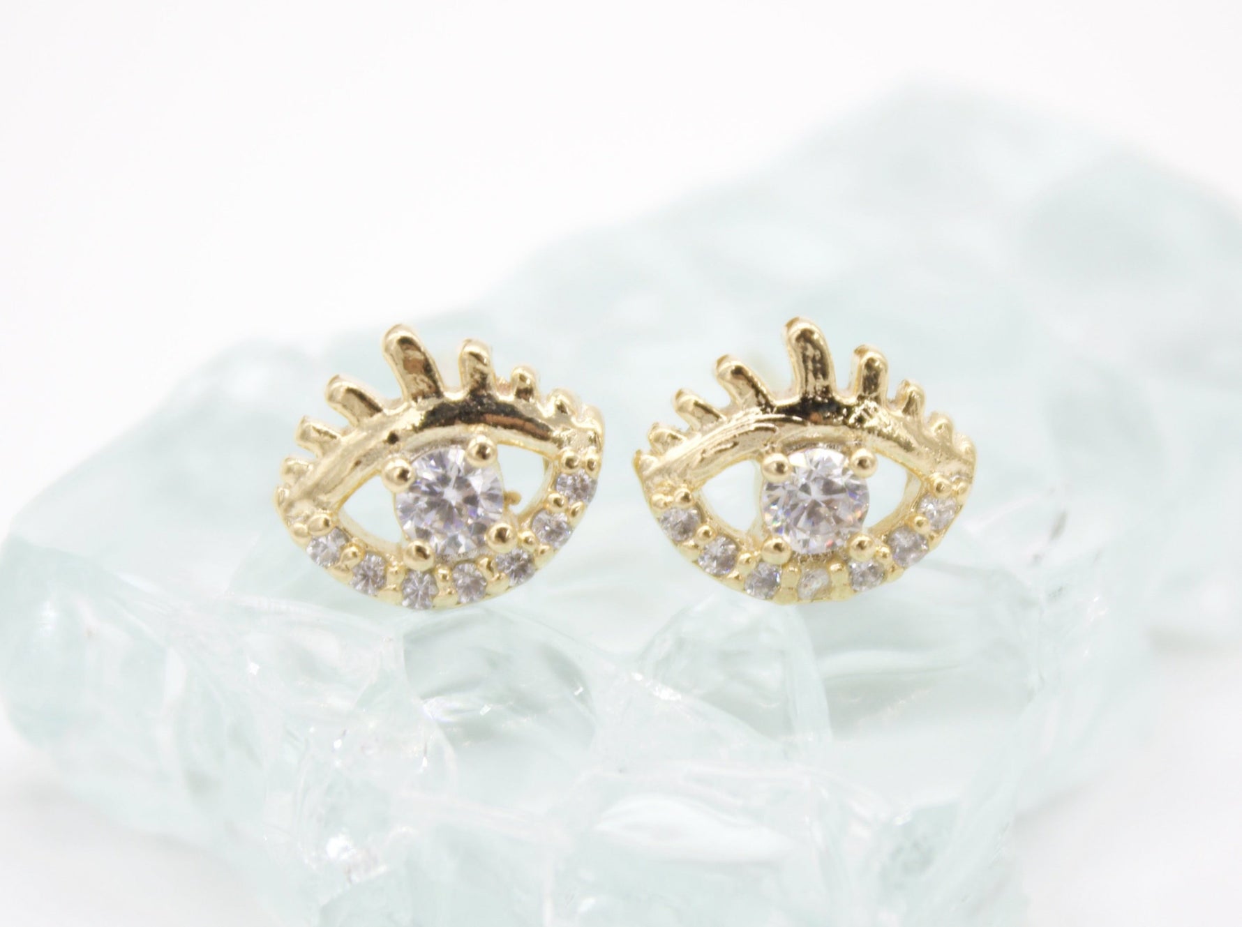 18K Gold Filled Evil Eye Stud Earrings With Clear CZ Stones (L76)-0