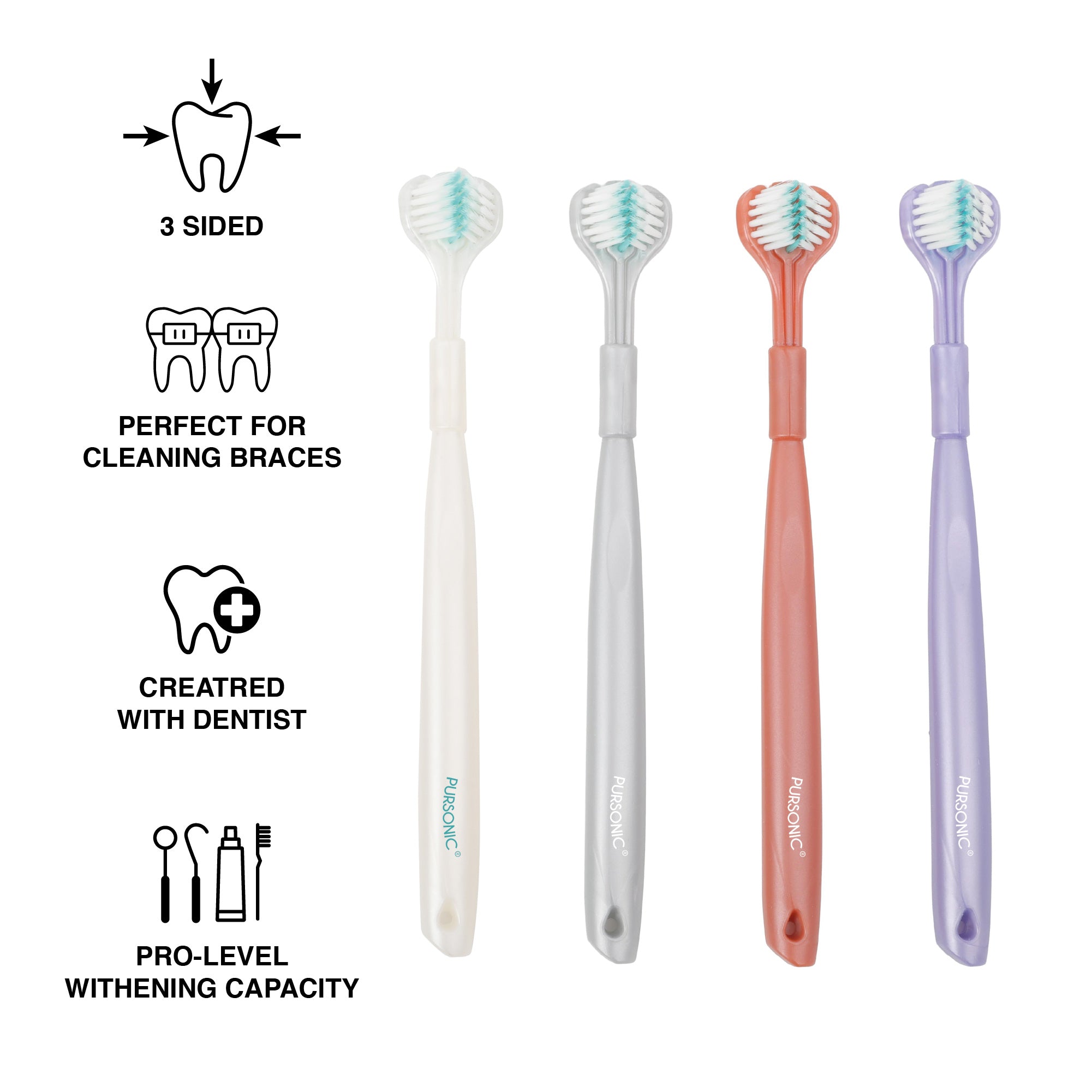 Pursonic 3D Advanced Tech 360° Full Coverage Toothbrush Set (4-Pack)