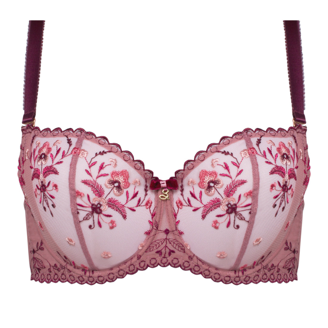 Sheer Mesh Embroidered Balconette Bra Viola