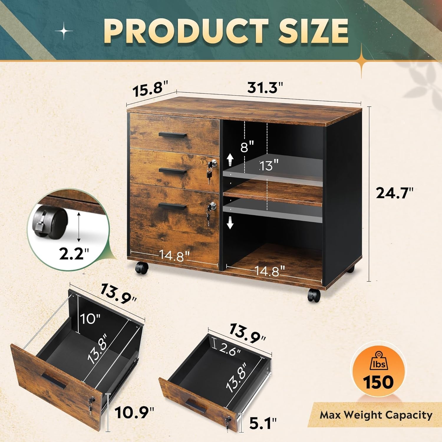 3 Drawer Wood File Cabinet With Lock For Home Office-1