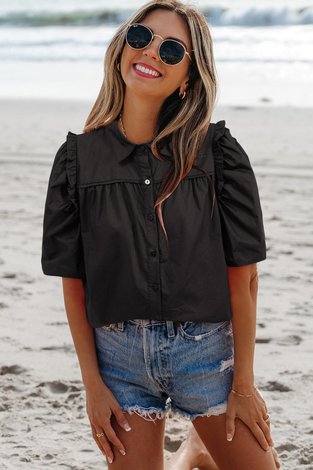 Analeia Frilly Puff Sleeve Stylish Collared Shirt-0