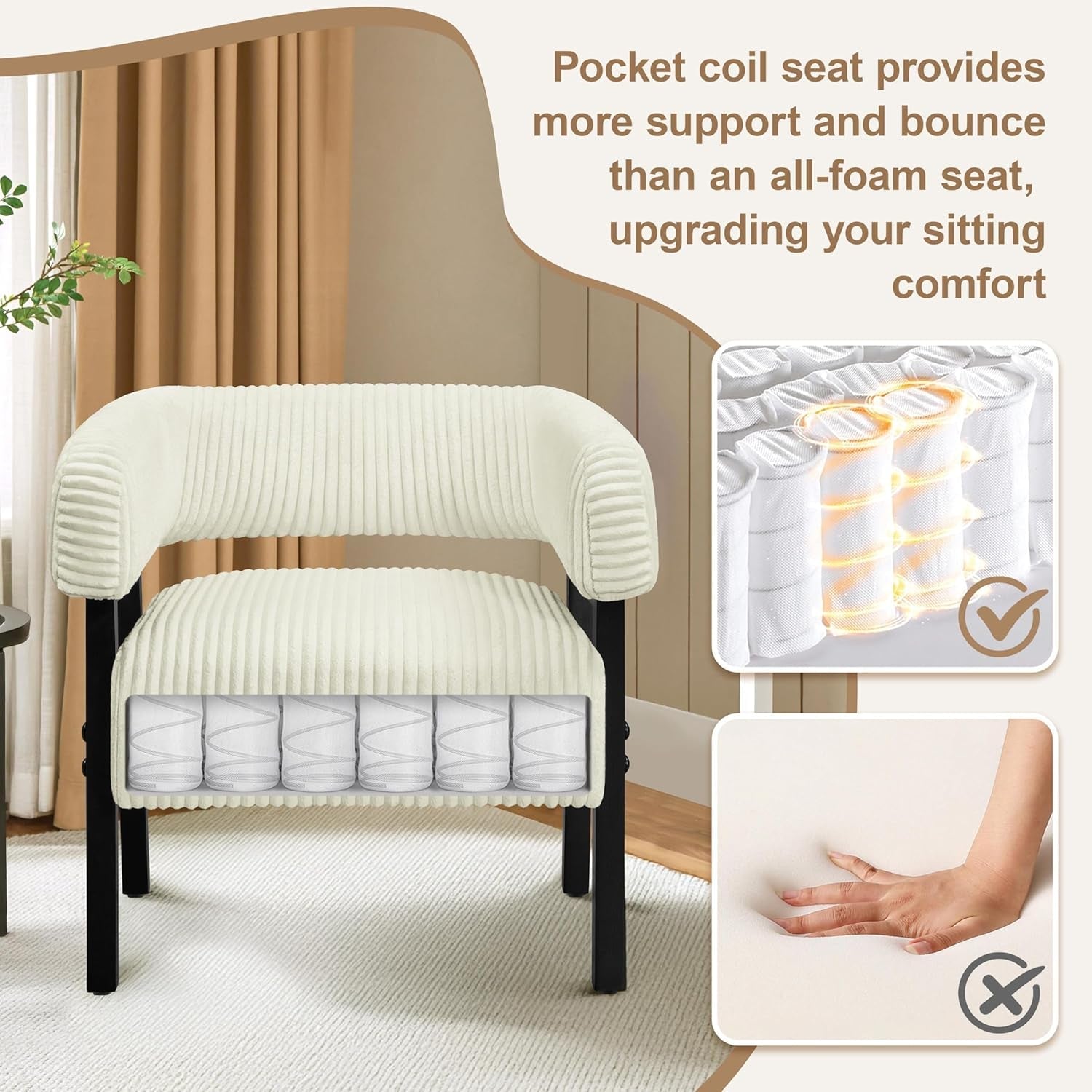 Beige Corduroy Barrel Chair With Pocket Coil Support-3