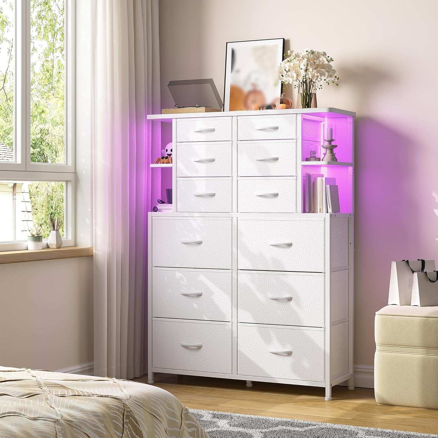 White Bedroom Dresser With LED Lights And 12 Deep Drawers