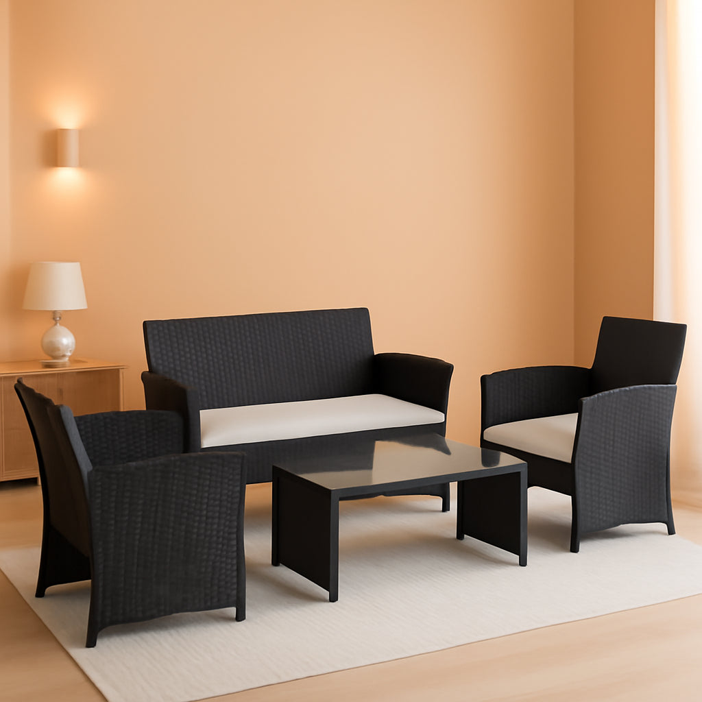 Rattan Outdoor Patio Furniture Set 4 Piece White Cushions