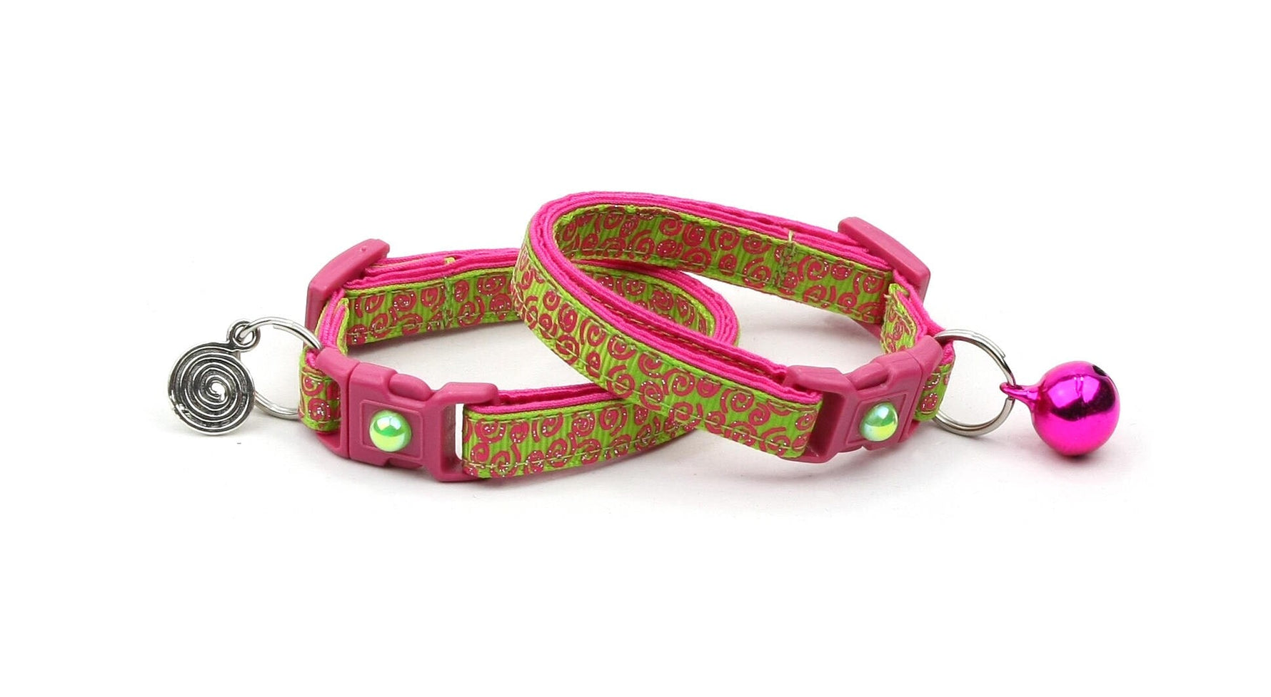 Pink Squiggles on Bright Green Cat Collar