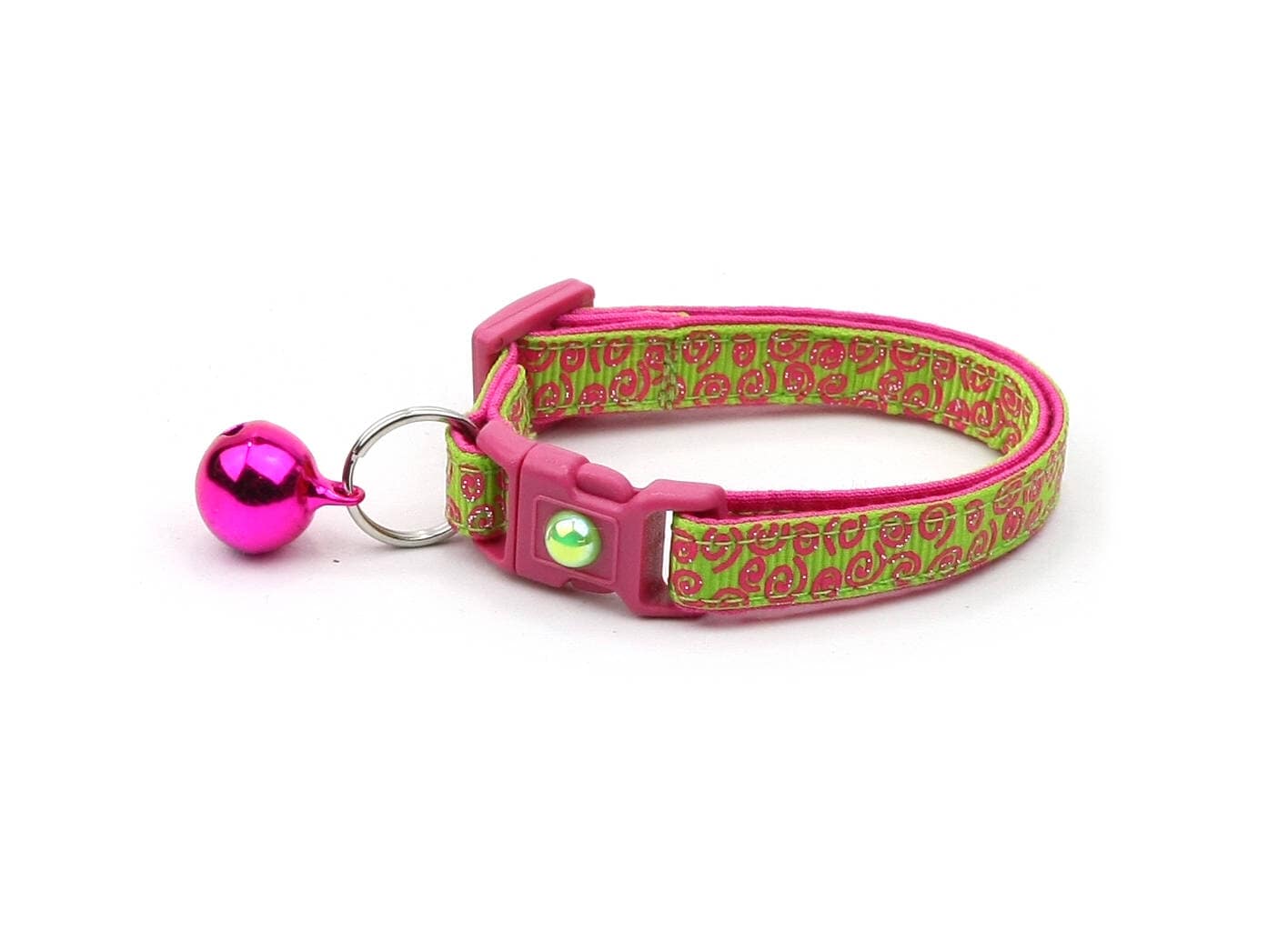 Pink Squiggles on Bright Green Cat Collar