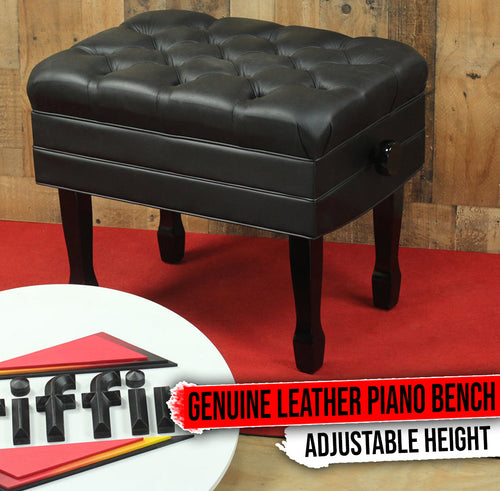Genuine Leather Adjustable Piano Bench Black Solid Wood Vintage Style