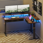 Vektaya CPT003-BR Electric L Shaped Standing Desk with Drawers, RGB LED,Monitor Stand, Rustic Brown