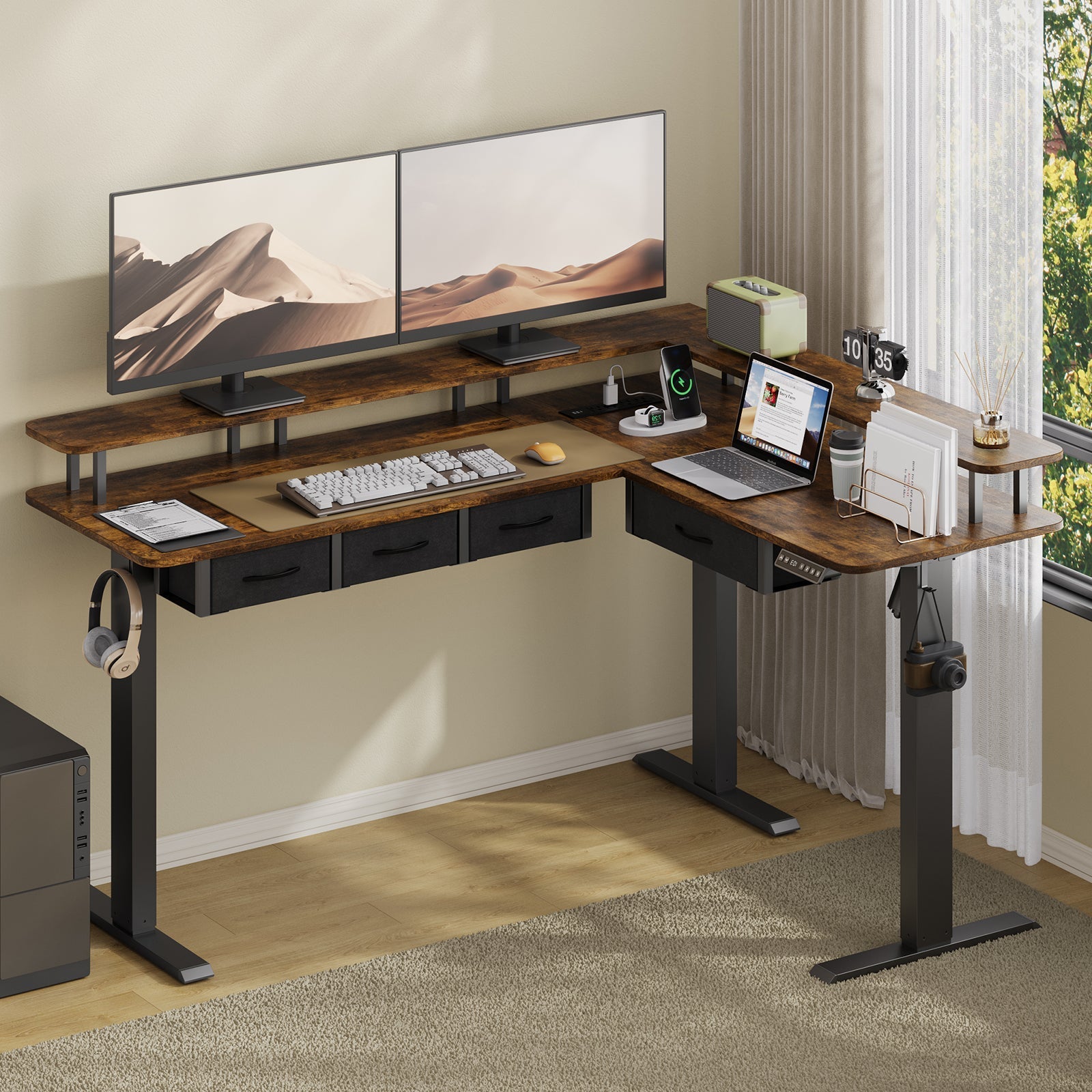 Vektaya CPT003-BR Electric L Shaped Standing Desk with Drawers, RGB LED,Monitor Stand, Rustic Brown