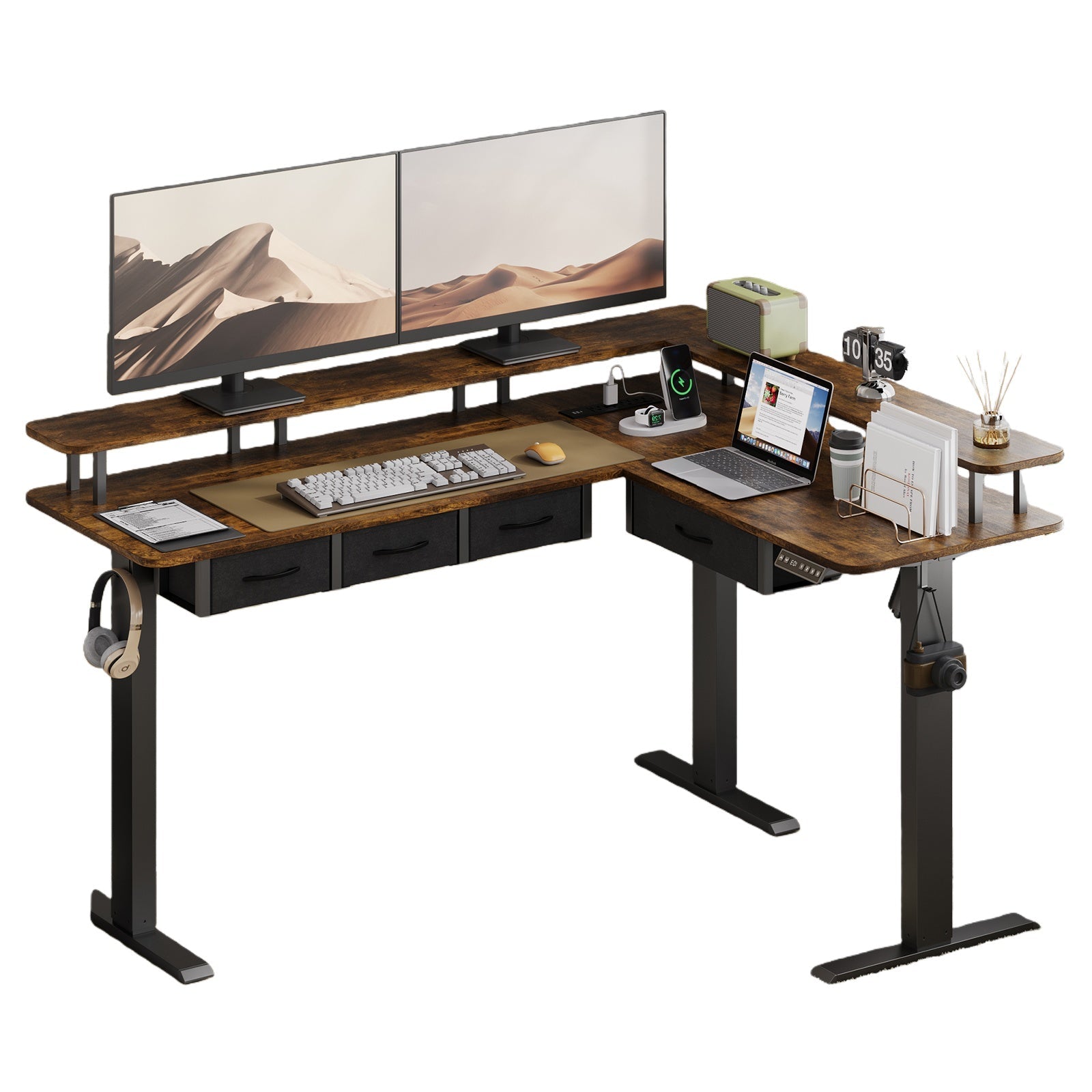 Vektaya CPT003-BR Electric L Shaped Standing Desk with Drawers, RGB LED,Monitor Stand, Rustic Brown
