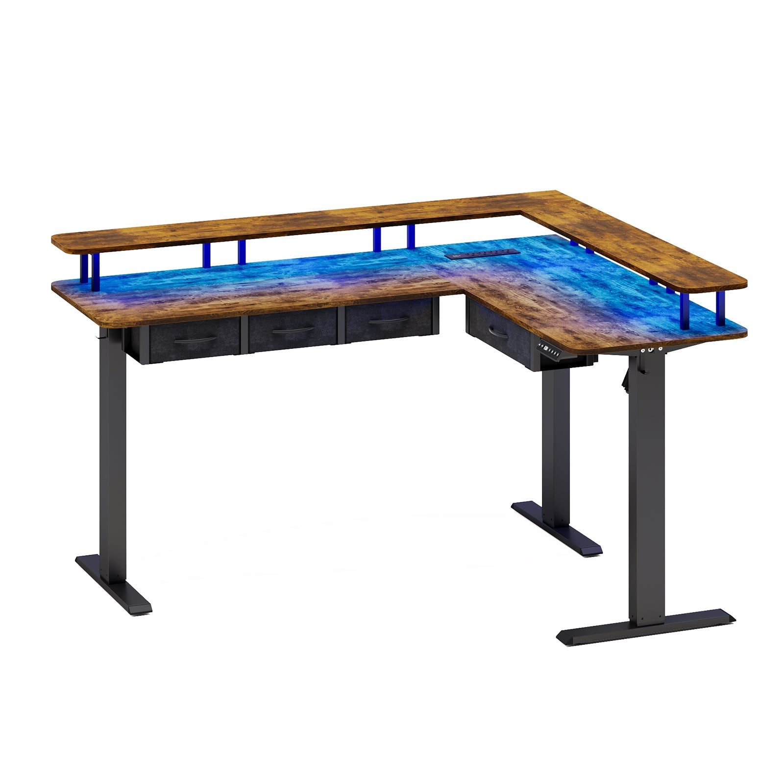Vektaya CPT003-BR Electric L Shaped Standing Desk with Drawers, RGB LED,Monitor Stand, Rustic Brown