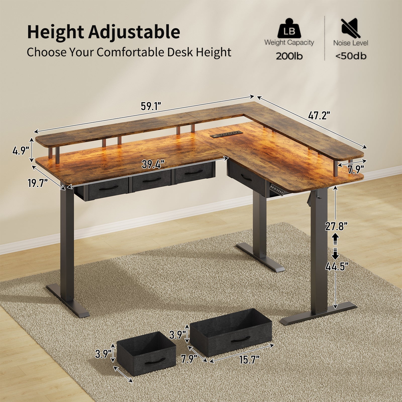 Vektaya CPT003-BR Electric L Shaped Standing Desk with Drawers, RGB LED,Monitor Stand, Rustic Brown