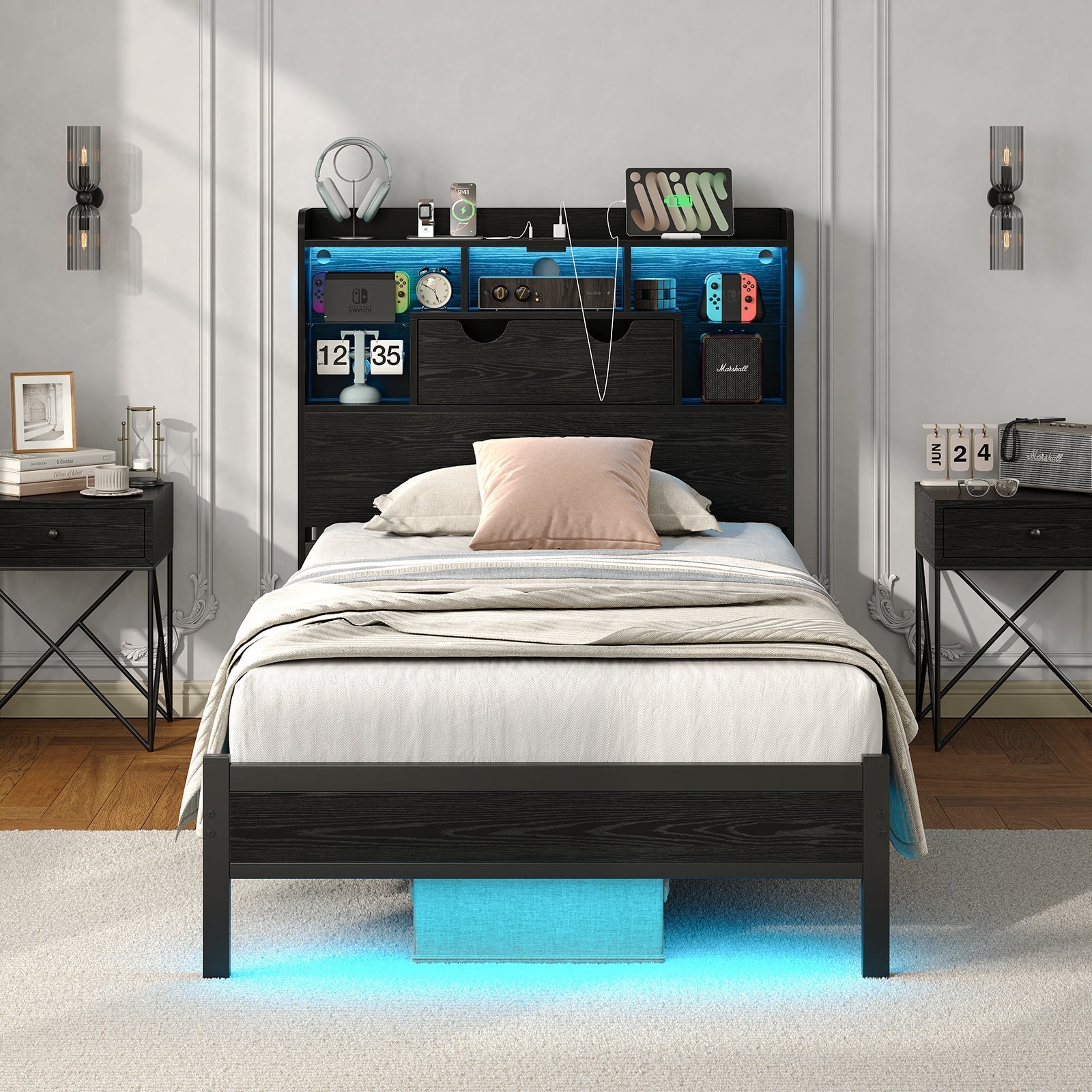 Vektaya US-BF007-BL-T Twin LED Bed Frame with Charging, Storage, No Box Spring Needed