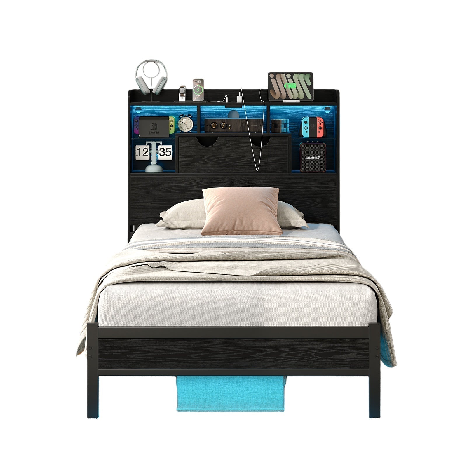 Vektaya US-BF007-BL-T Twin LED Bed Frame with Charging, Storage, No Box Spring Needed
