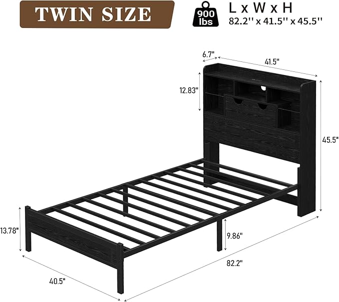 Vektaya US-BF007-BL-T Twin LED Bed Frame with Charging, Storage, No Box Spring Needed