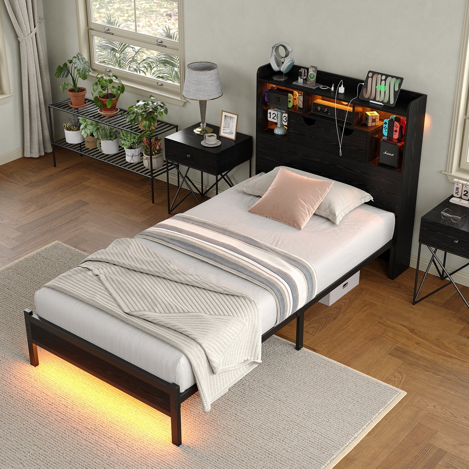 Vektaya US-BF007-BL-T Twin LED Bed Frame with Charging, Storage, No Box Spring Needed