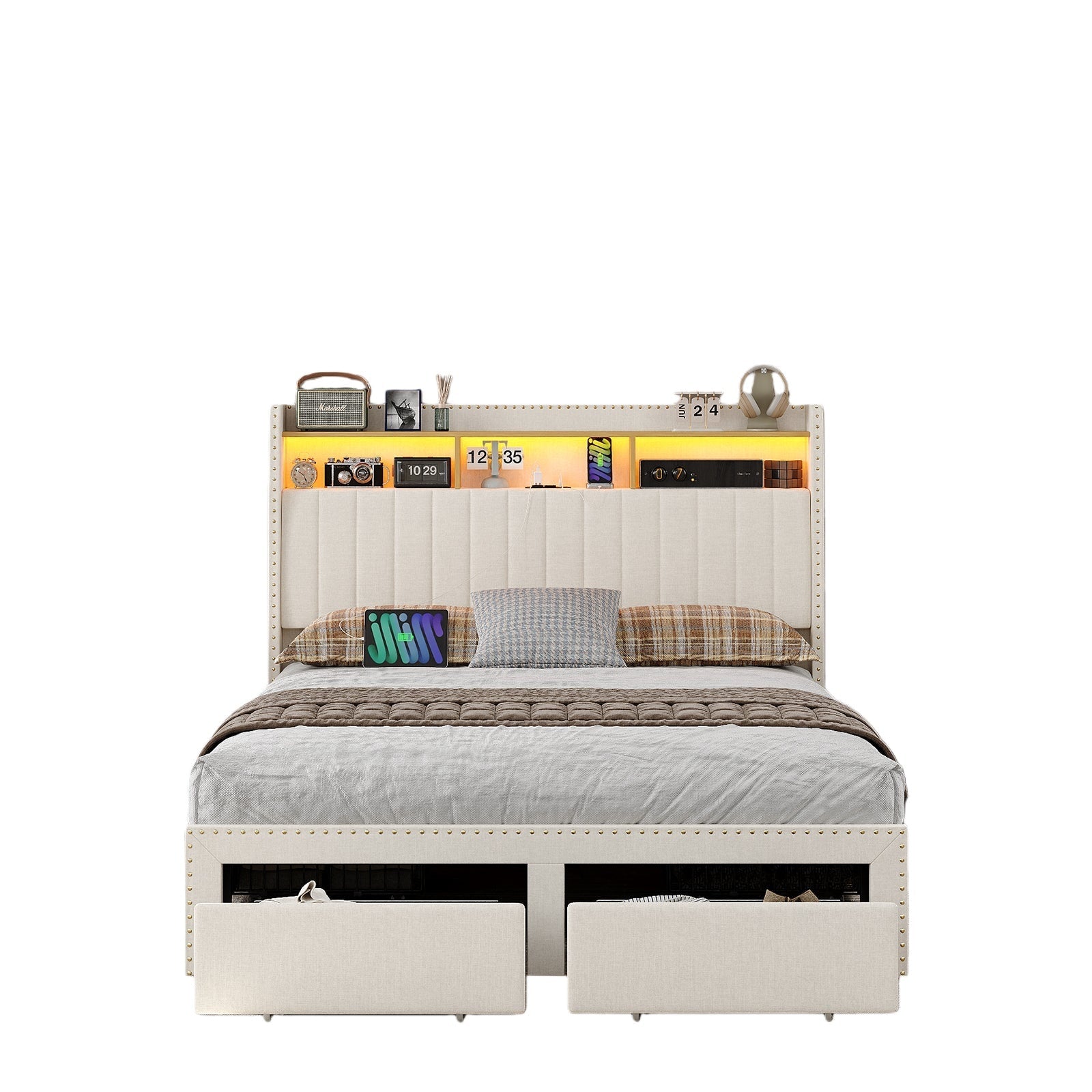 Vektaya US-BF008 Queen/King LED Bed Frame with Charging Upholst Bed Frame 4 Drawers Storage White-0