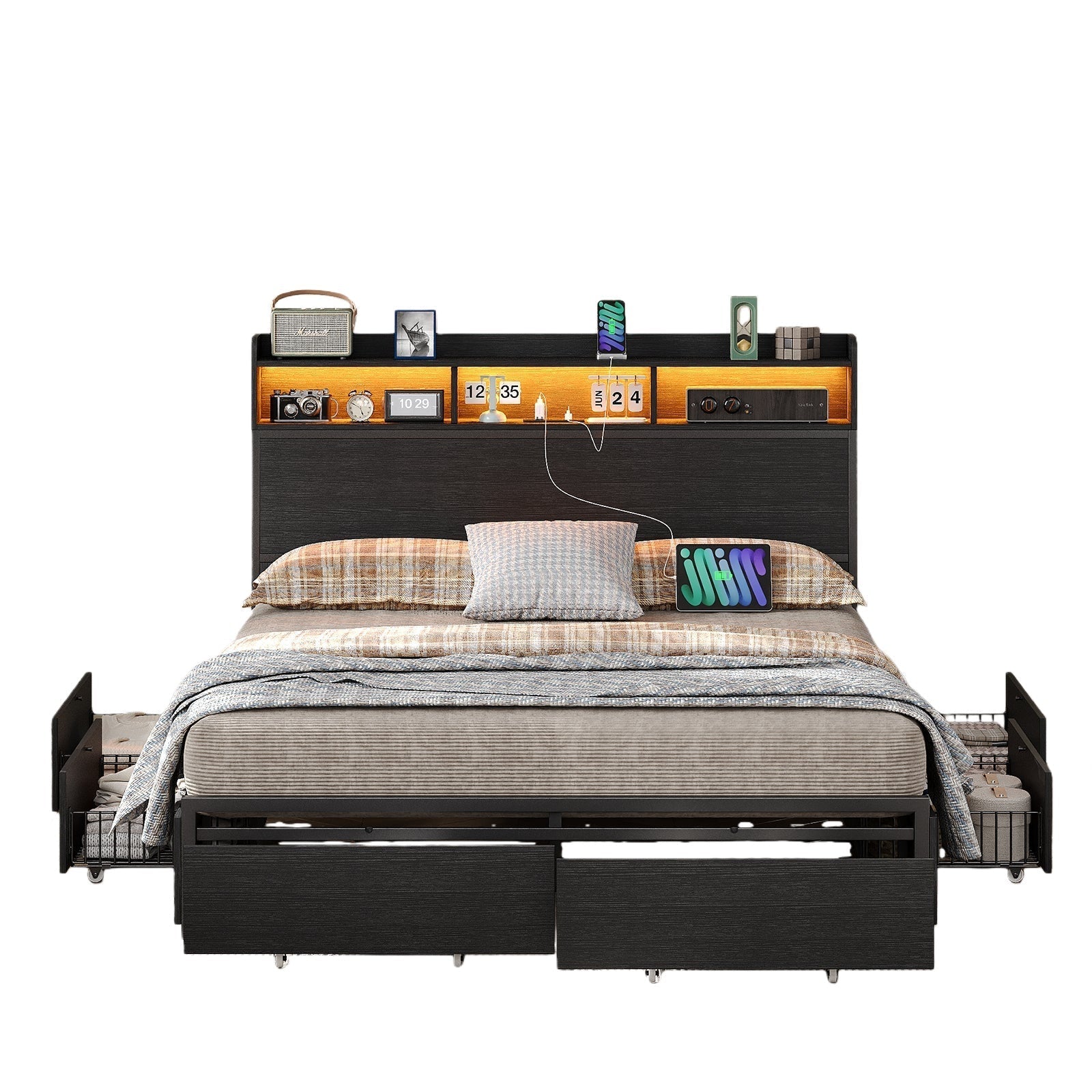 Vektaya US-BF010-BK Full/Queen Bed Frame with 6 Drawers,Headboard,Lights,Charging,No Box Spring Needed,Black-0