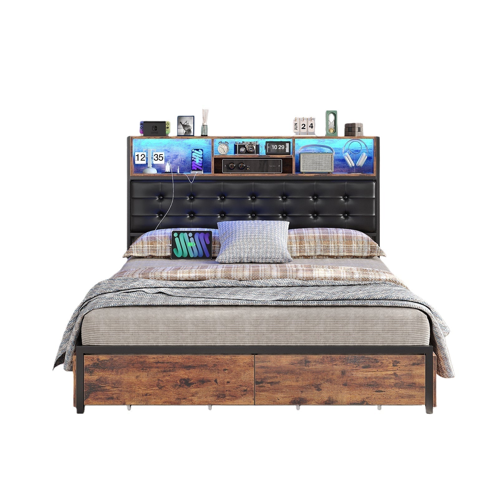 Vektaya US-BF013-BR Full/Queen/King Bed Frame with RGB LED Headboard, Charging, 6 Drawers, Upholstered, Heavy-Duty, Easy Assembly, No Box Spring-0