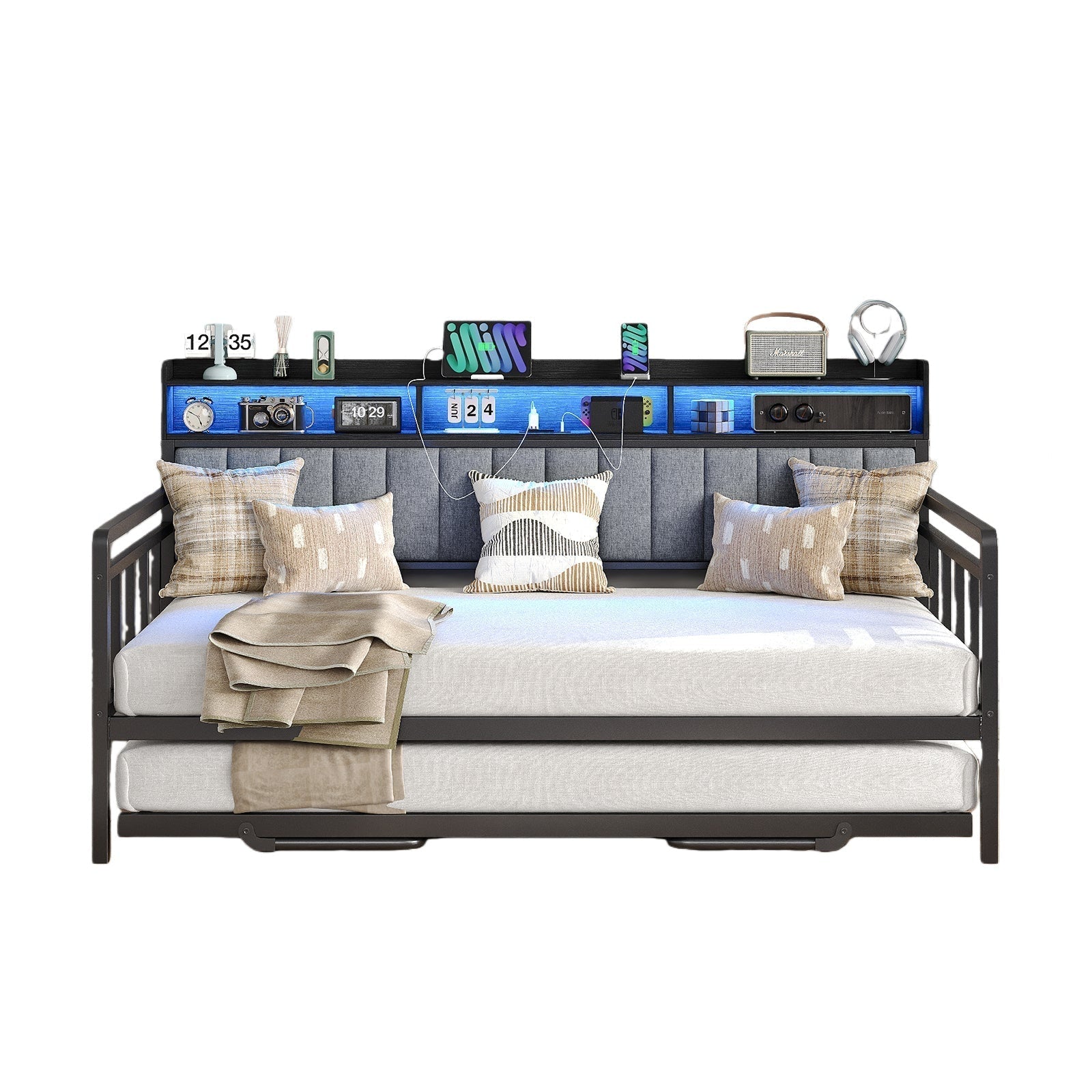 Vektaya US-BF014 Bed Frame with lights, Charging Station,Headboard.,No Box Spring Needed.Black-0