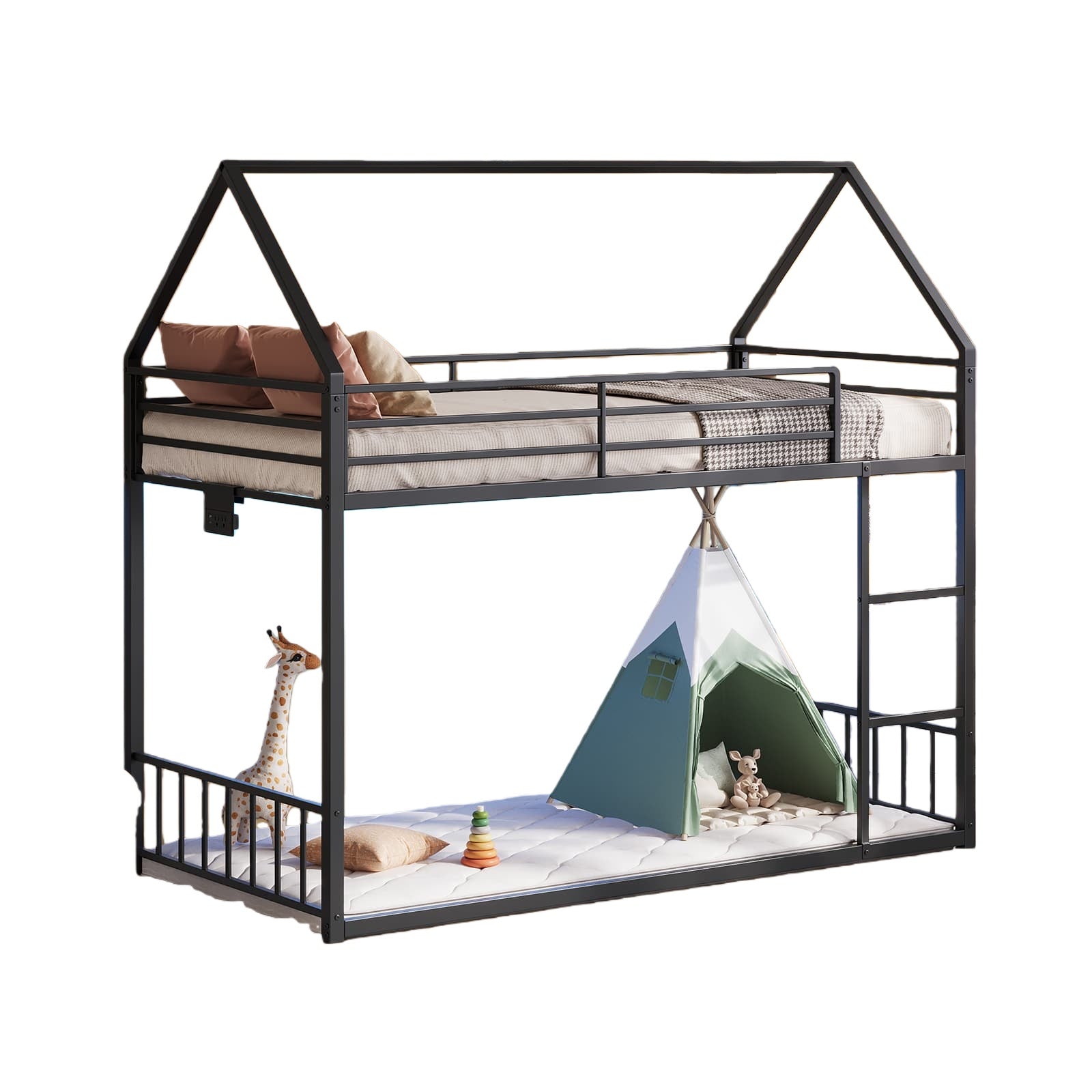 Vektaya US-BF019-BK-T Twin Bunk Bed Frame with Charging Station & RGB LED, Easy Assembly, Storage Space, House Metal Frame with Ladder-0