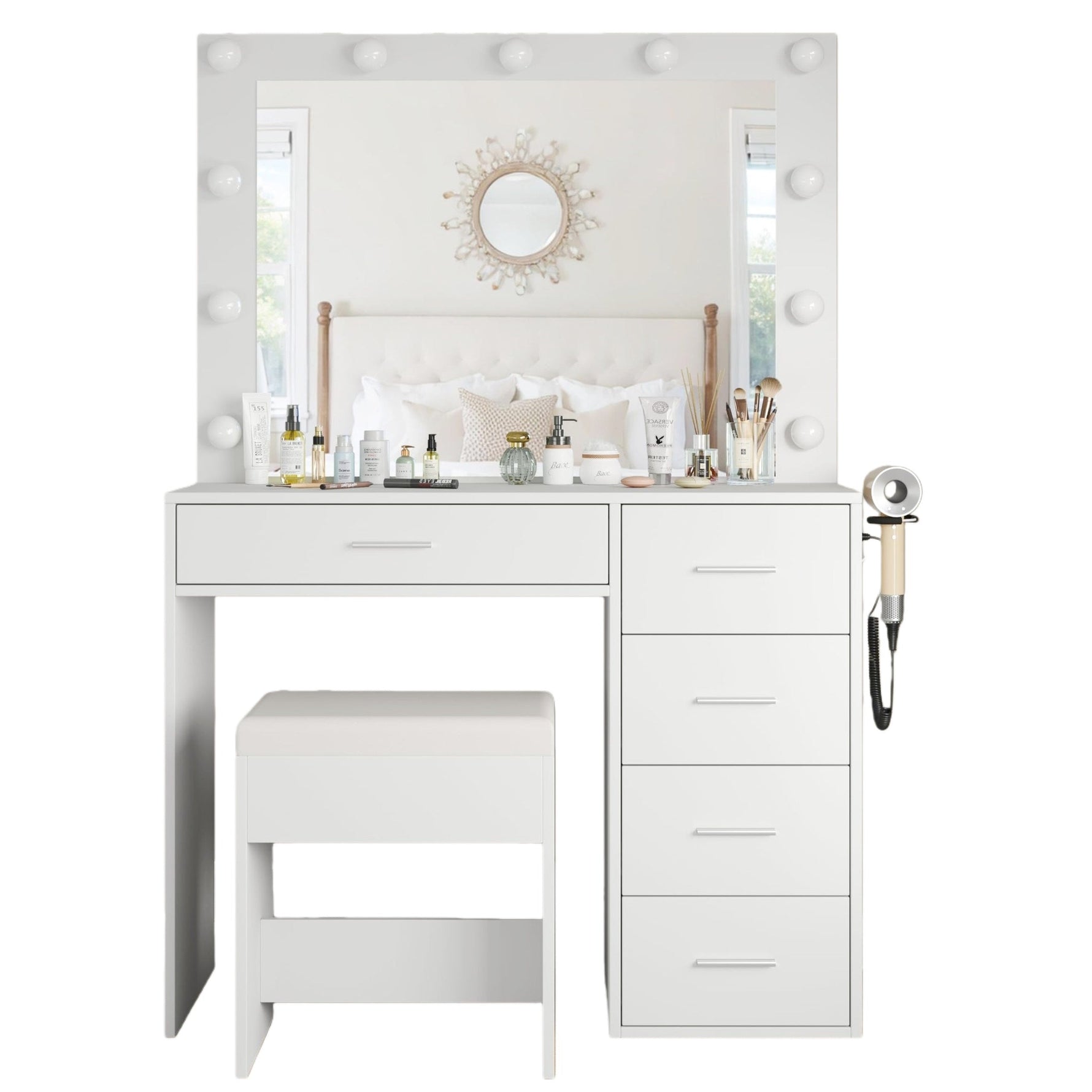 Vektaya  Bedroom Makeup Vanity desk with LED Mirror, 5 Drawers