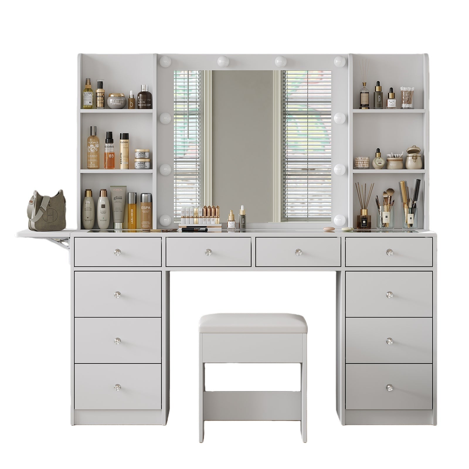 Vektaya  Bedroom Makeup Vanity desk with LED Mirror, 10 Drawers